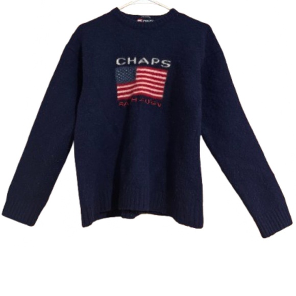 Chaps RL Women’s Navy 100% Lambswool US Flag Logo Winter Casual Sweater Sz-S/M - Picture 1 of 6